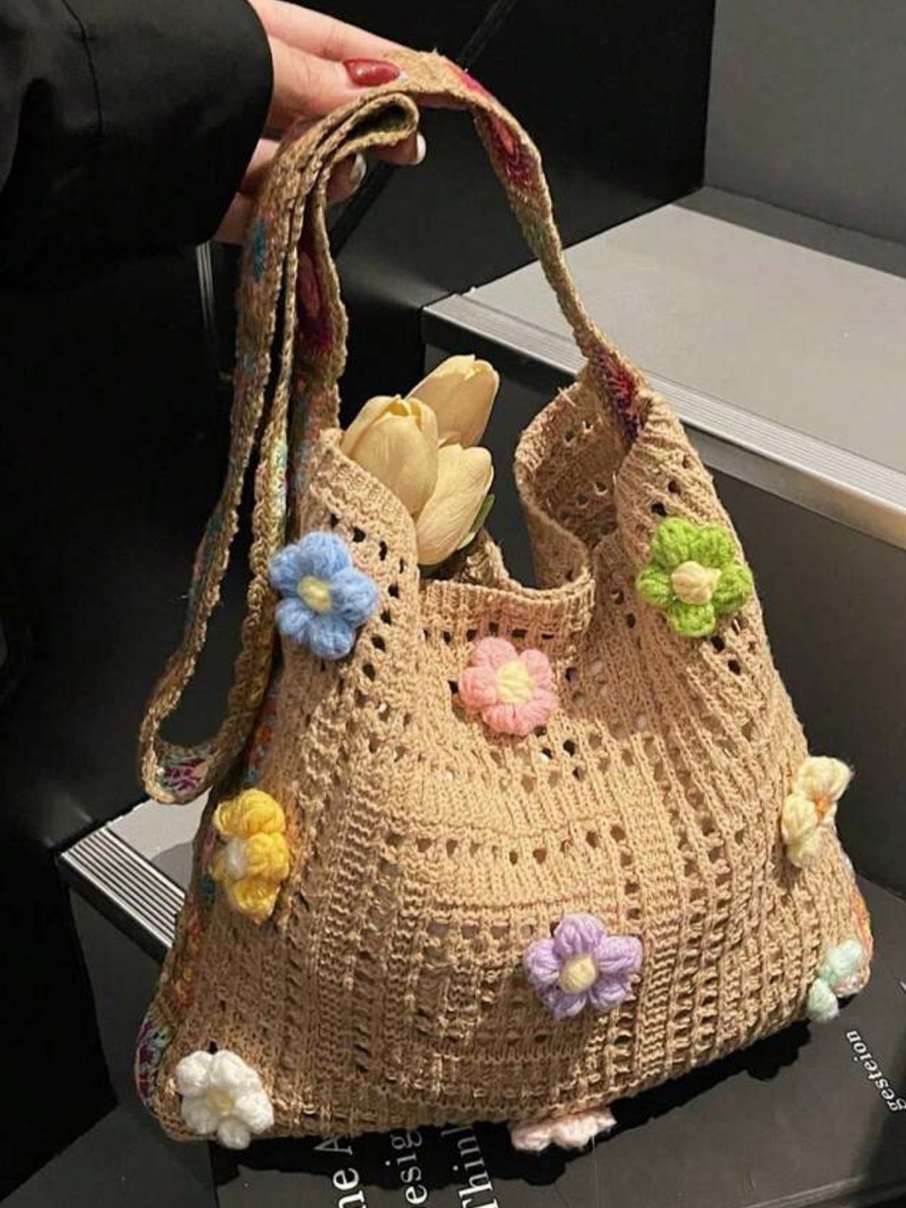 Bohemian Handmade Beige Crochet Floral Tote Bag - Picture 5 of 5